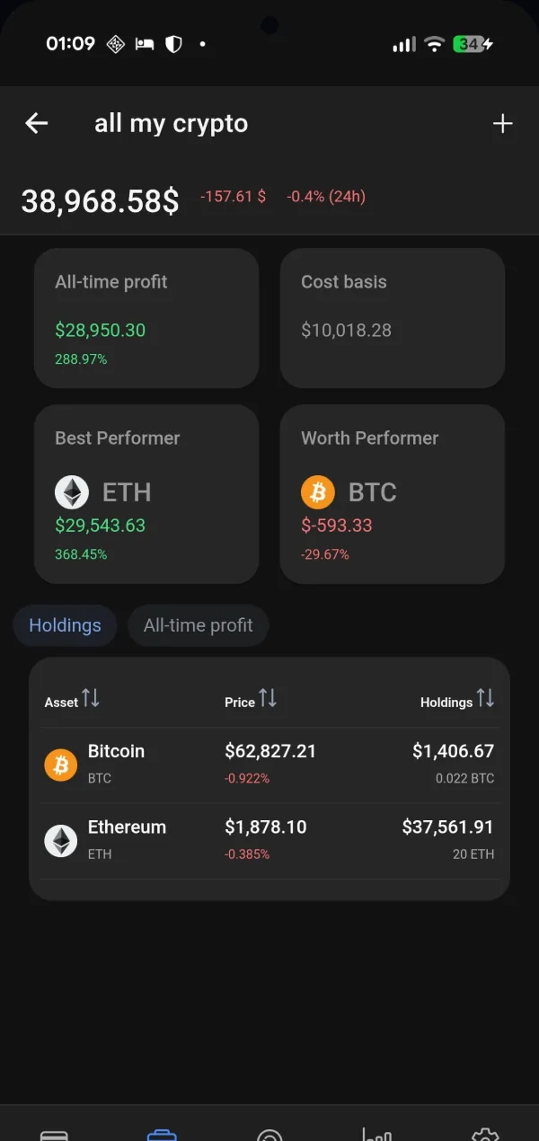 Ŭallet crypto portfolio screen with live balances